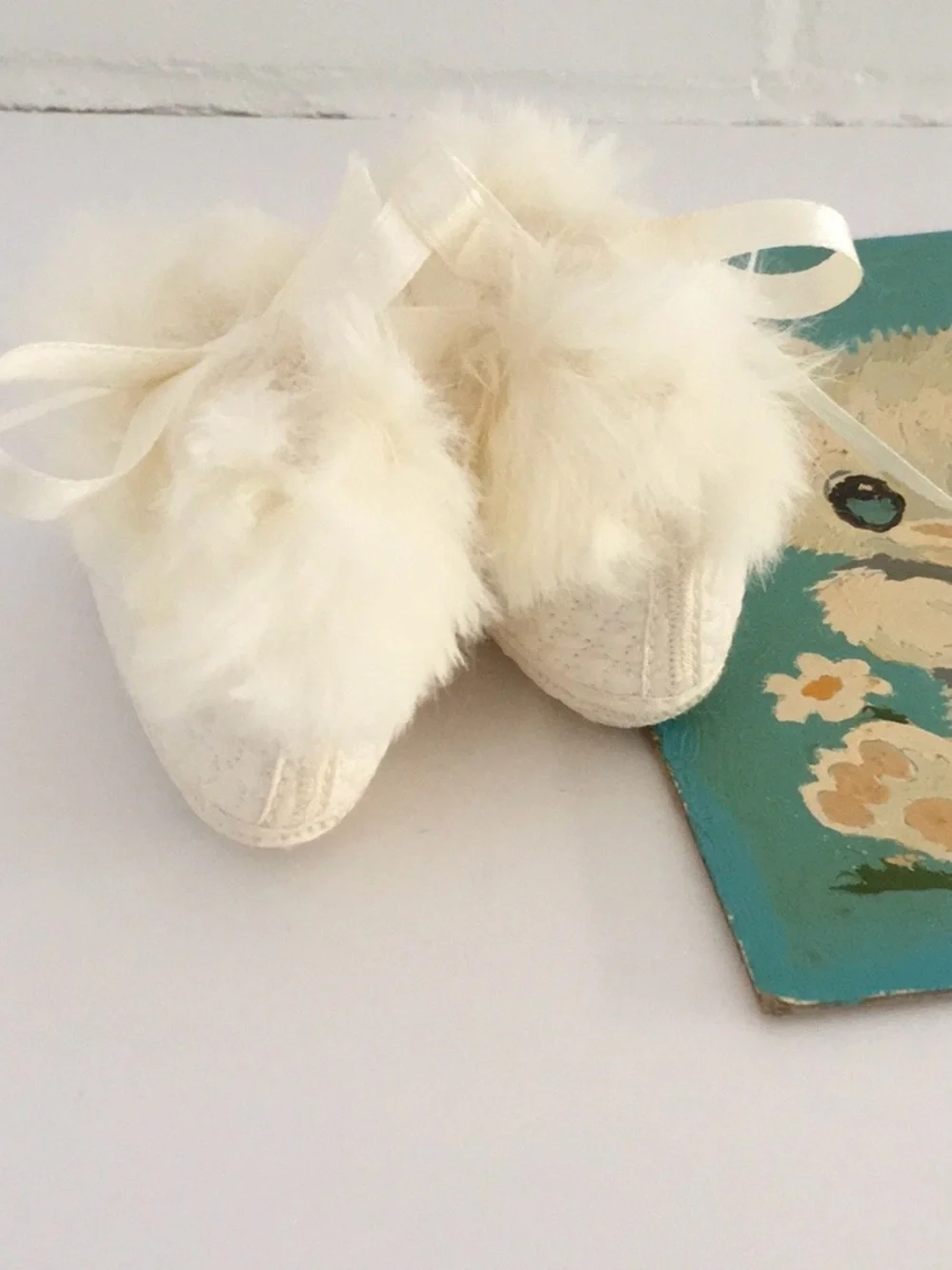 Cream Baby Booties/Slippers With Real Rabbit Fur Trim-Ages 0-3 months